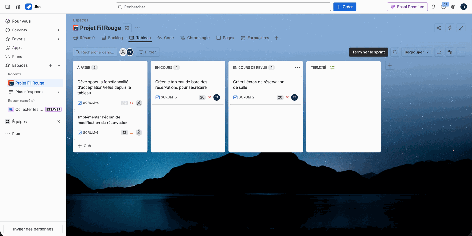 Tableau Kanban Jira du projet de réservation de salles